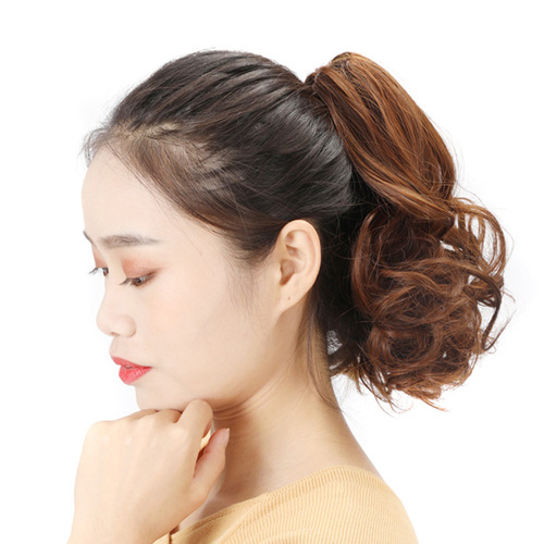 Fake ponytail short curly hair, claw clip ponytail small curls, realistic short hair ponytail catcher type pear flower curl chemical fiber wig ponytail
