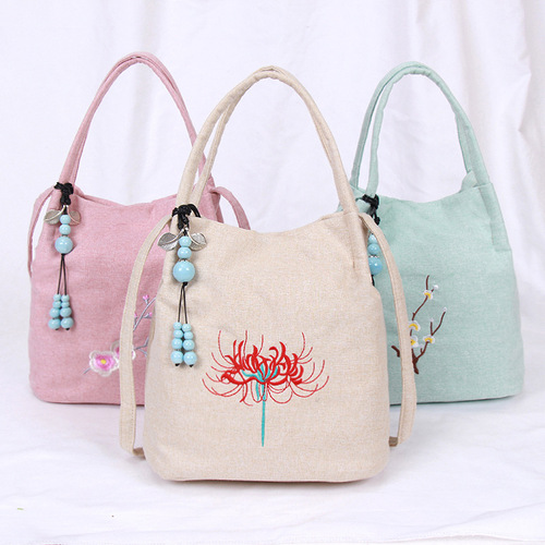 Cotton and linen bags, ancient style Han elements, Hanfu cross-body large suction buckle bucket bag, Chinese style floral retro embroidery bag
