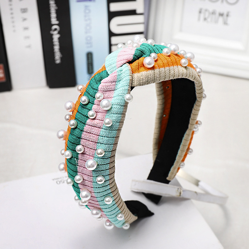 Simple Wild Rainbow Pearl Hairpin Stripe Knit Wool Wide Wash Headband display picture 9