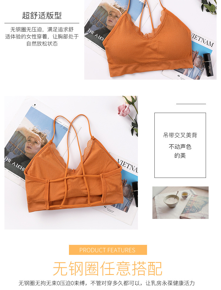 New seamless lace threaded beauty back, chest wrap, fine shoulder strap, comfortable and breathable, thick chest pad, gathering sports halter top detail image 2