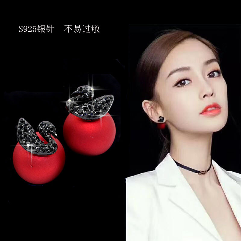 s925銀針黑色小天鵝磨砂紅珍珠後堵耳釘韓國東大門氣質耳環耳墜女