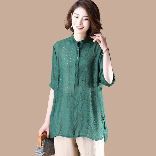 Pullover shirt medium and long blouse new elevated collar shirt