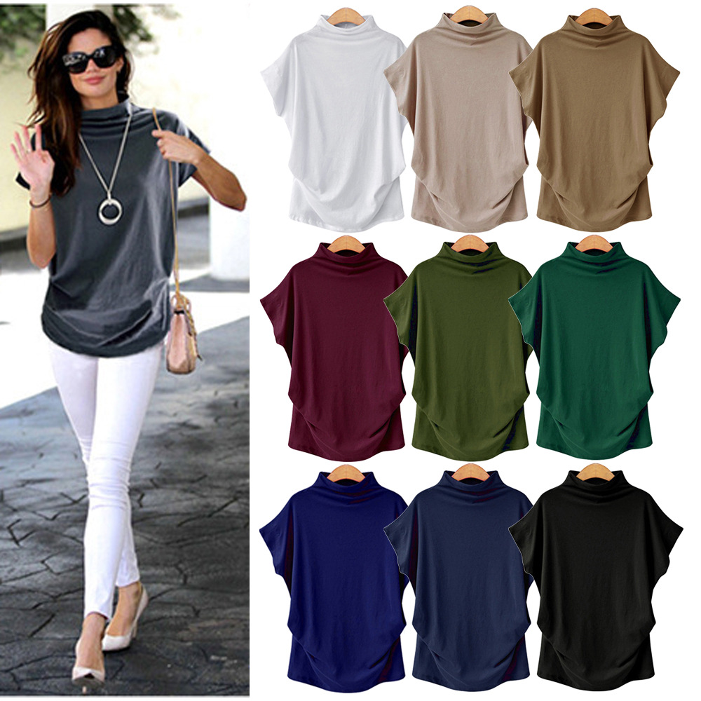 Cross-border 2021 European And American Plus Size Women's Half Turtleneck Dolman Sleeve Top Solid Color Polyester Cotton Loose Short-sleeved T-shirt Women