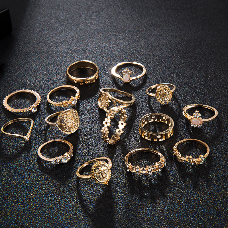 15PCS Gold Ring Set Knuckle Joint Stackable Vintage Midi Bohemian Crystal Fashion Jewelry VSCO TikTok E-Girl Style