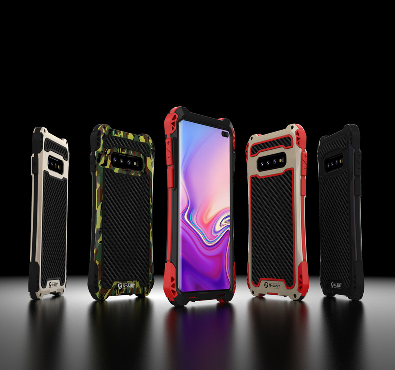 R-Just Amira Heavy Duty Dirtproof Shockproof Rainproof Aluminum Metal Bumper Carbon Fiber Back Cover Case for Samsung Galaxy S10 Plus & S10