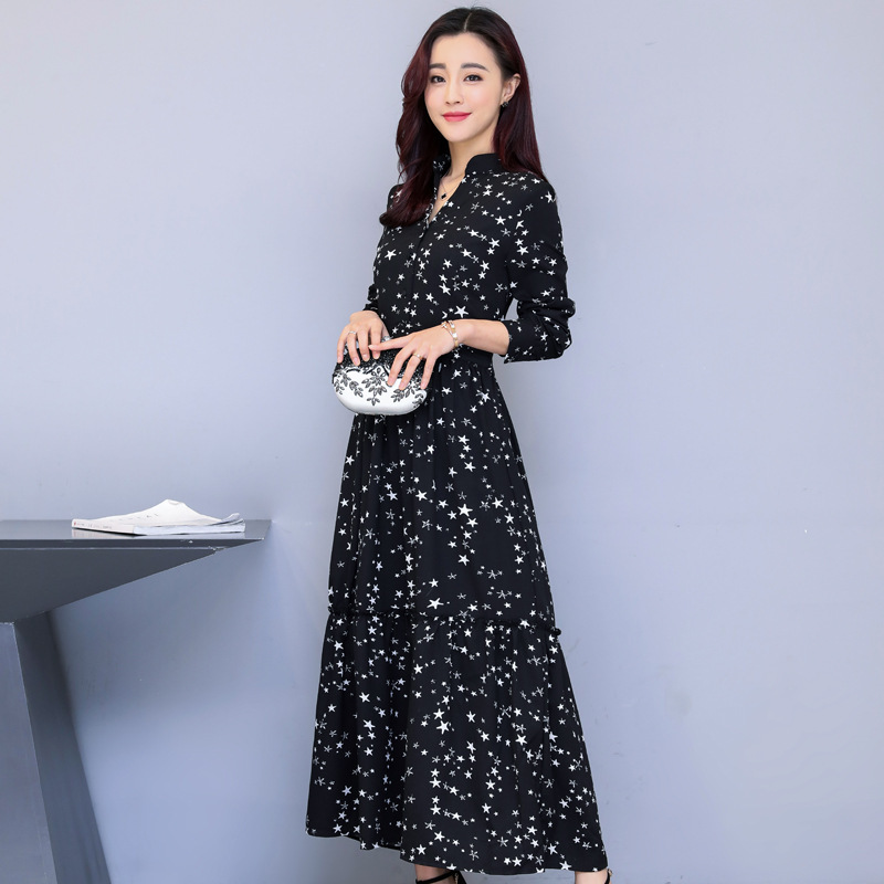 Papaya Milk Spring and Autumn Elegant Dress Korean Style Floral Chiffon Long Dress Vintage Star Printed Waistline V-neck Dress Papaya Milk Spring and Autumn Elegant Dress Korean Style Floral Chiffon Long Dress Vintage Star Printed Waistline V-neck Dress