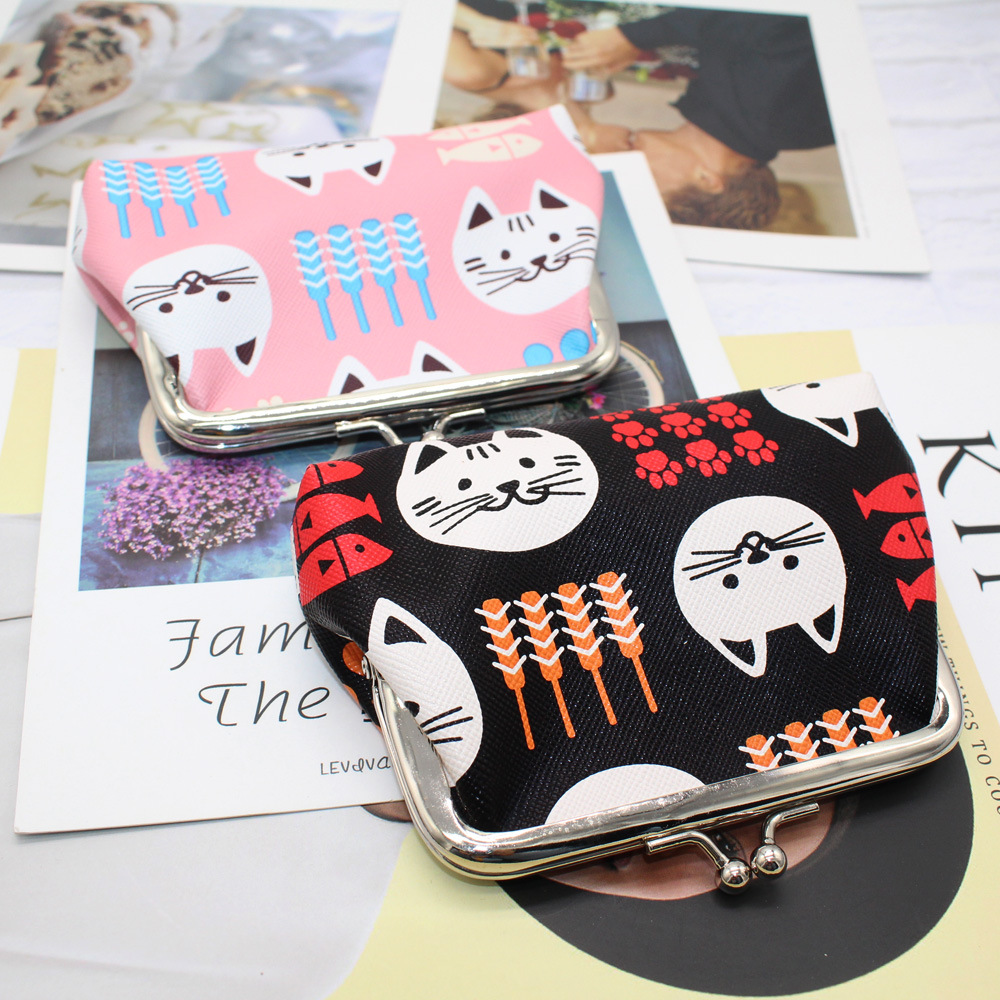 Polyester Lining Material Women's Cat Pu Leather Lock Clasp Coin Purses