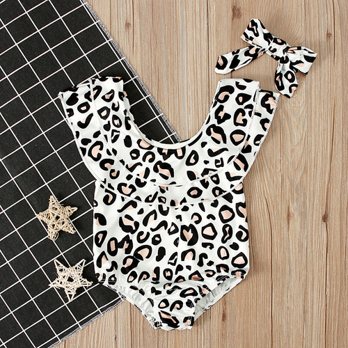Children's European and American style summer girls' trendy white-based leopard print swimsuit + headscarf two-piece children's clothing set, Instagram style