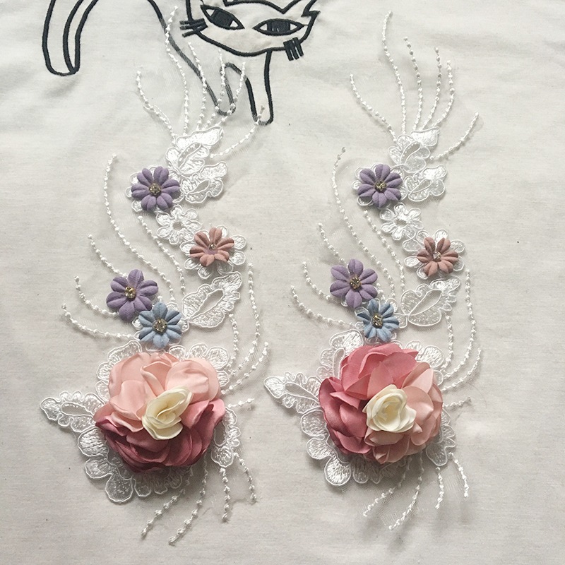 网纱底立体手工丝带绣花贴 高档礼服婚纱童装裤子补丁装饰 带钻