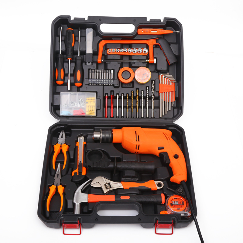 Taladro de mano para el hogar multifunción taladro de impacto traje taladro eléctrico pequeña caja de herramientas conjunto pistola de mano taladro personalización