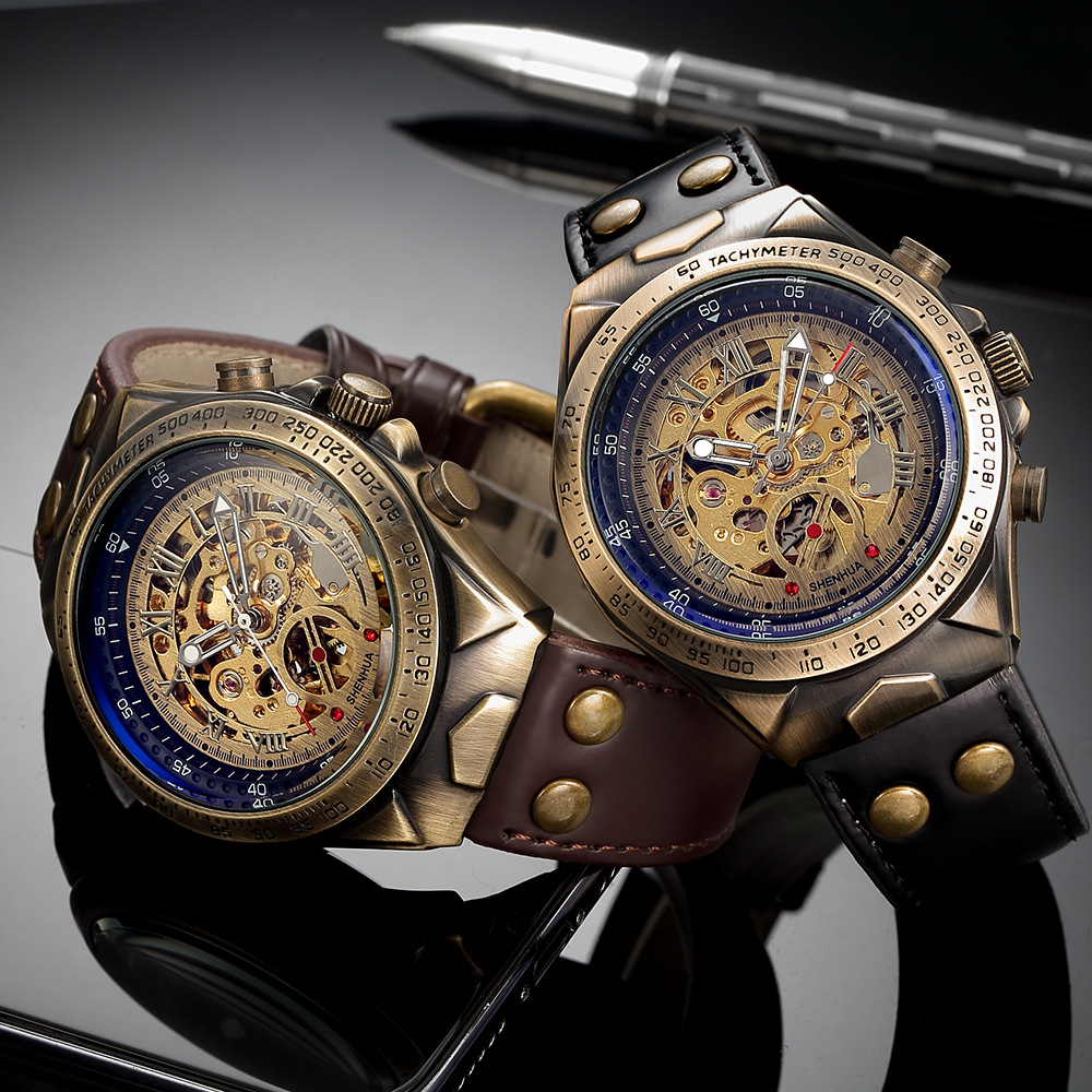 72g Weight Tempered Glass Mirror Material Genuine Leather, Steel Belt Strap Material Watch Classification Pointer Display Type Butterfly Double Snap, Buckle Buckle Style Round Dial Shape Casual, Daily Occasion Mechanical Movement Color Block Pattern All Seasons Season Men's Gender Retro Style Retro Color Block Butterfly Double Snap Buckle Mechanical Watch Men's Watches 3