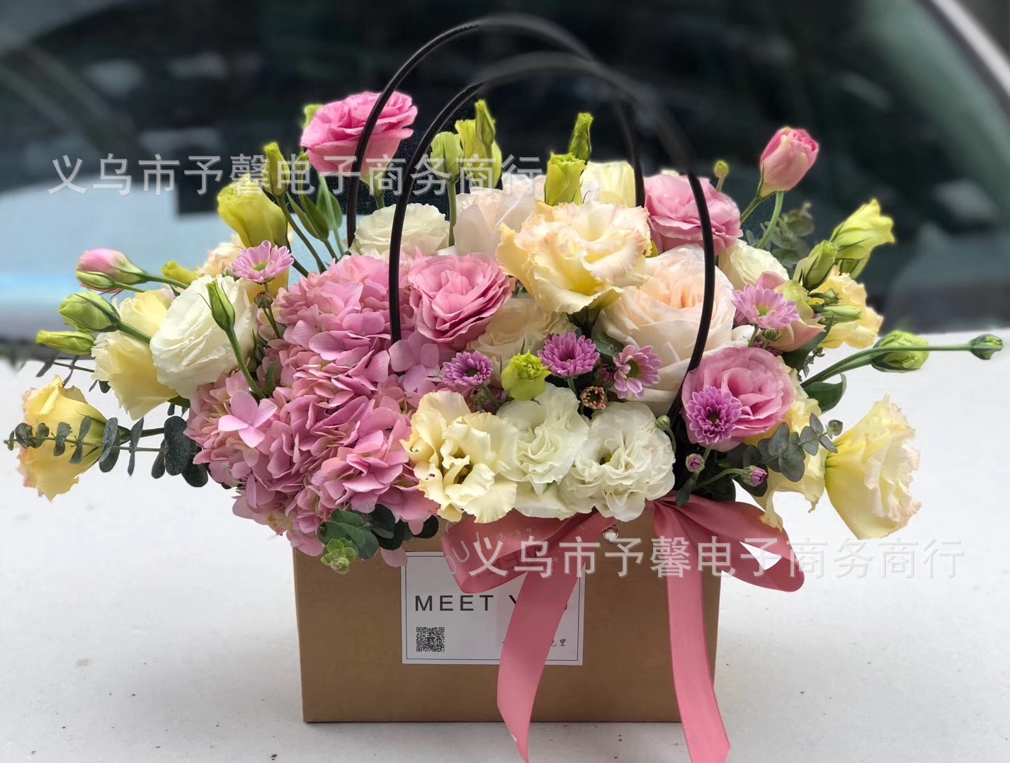 长方形插花手提袋 鲜花多肉植物盆栽 牛皮纸手拎 防水花艺礼品袋