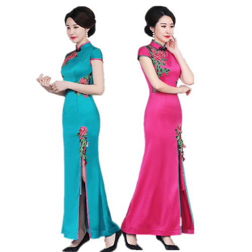 Turquoise purple red flowers chinese dresses qipao Shows the Chinese dress costumes female long etiquette hotel stage dignified open fork cheongsam of Plus size