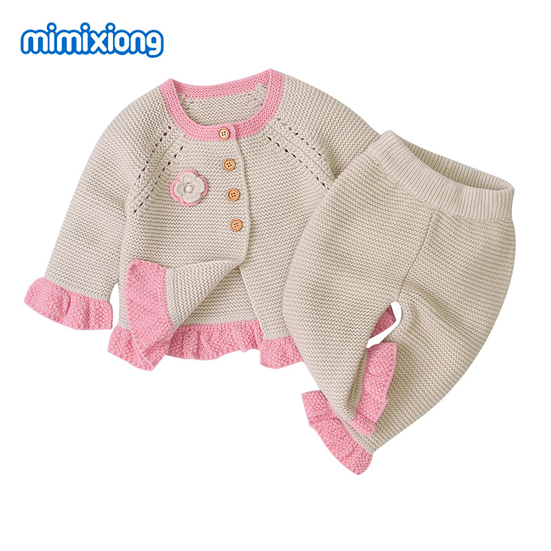 ins热卖款女童纯色花边套装针织花朵毛衣