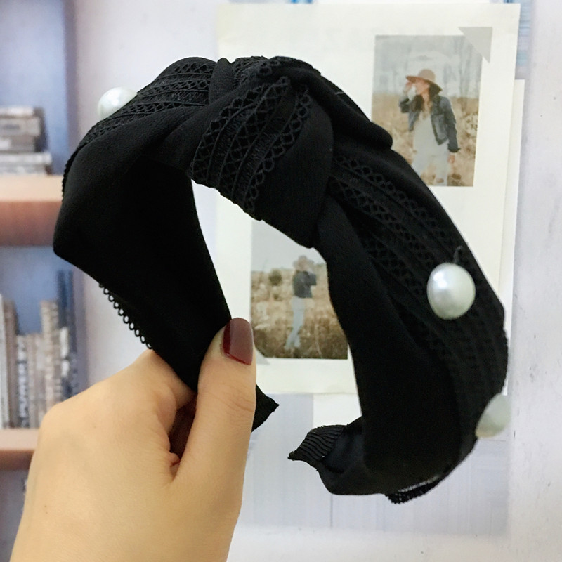 Korean New Style Lace Headband Korean Wide Side Knotted Pearl Headband display picture 3