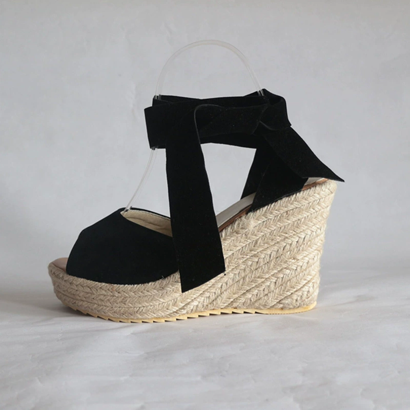 Сандалии наankle-strap из соломы на танкетке, верх PU, каблук 10 см, размеры EU 34–43, плюс-сайз