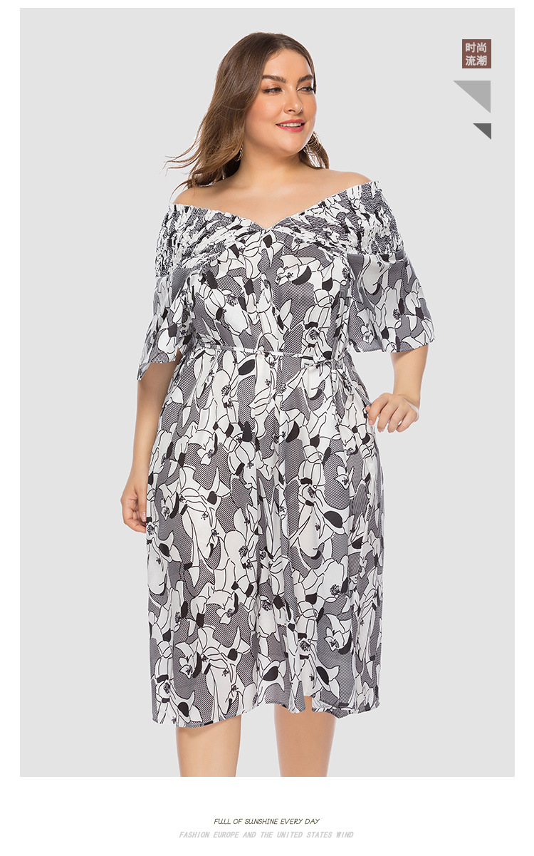 plus size short-sleeved printed V-neck waistband strapless dress  NSJR17231