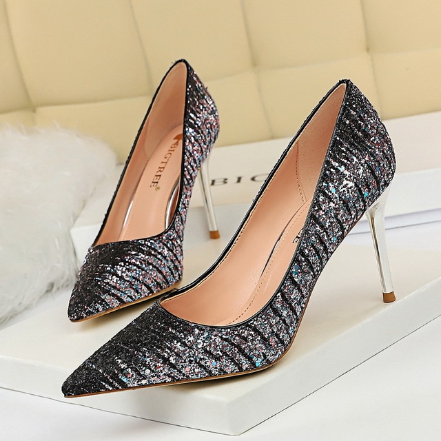 sexy banquet high heels show thin metal light mouth pointed head colo