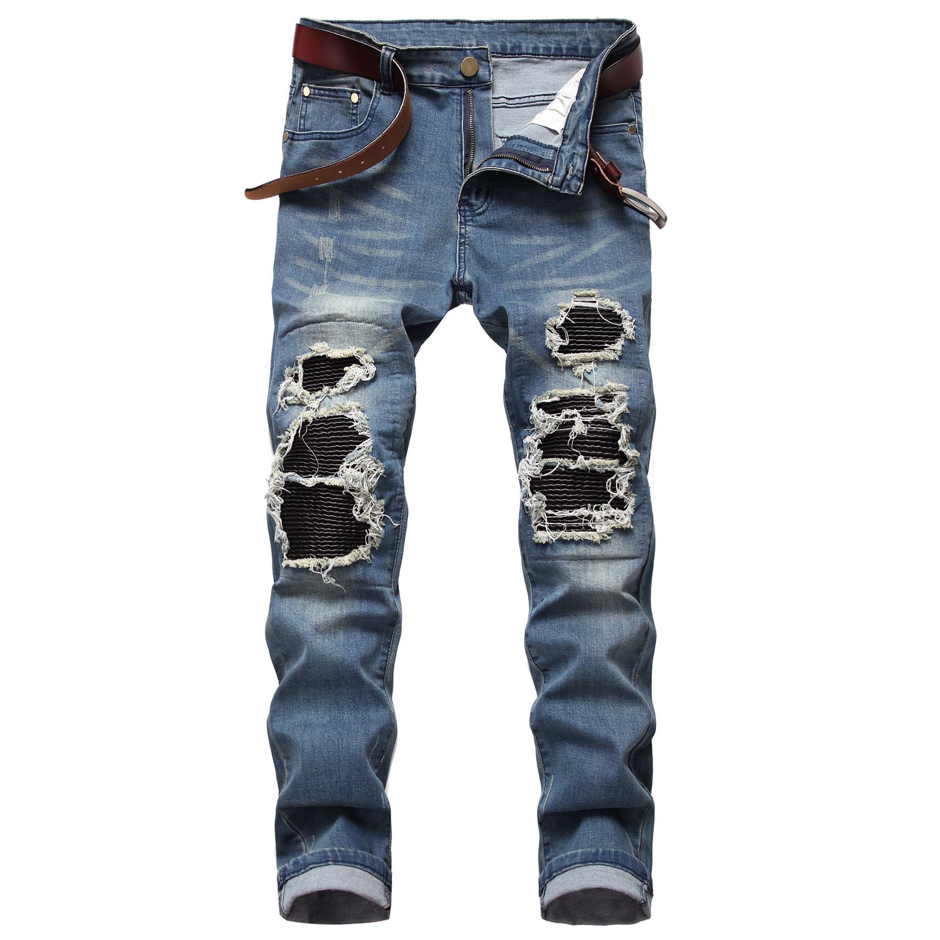 Ripped slim fit jeans men's patch leathe...