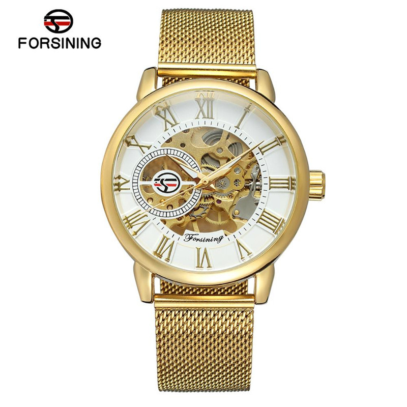 FORSINING/fusini hombres de acero inoxidable de negocios semiautomático reloj mecánico manual primavera A099