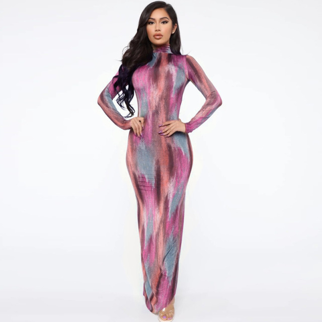 Sexy women’s stand neck print dress split long dress