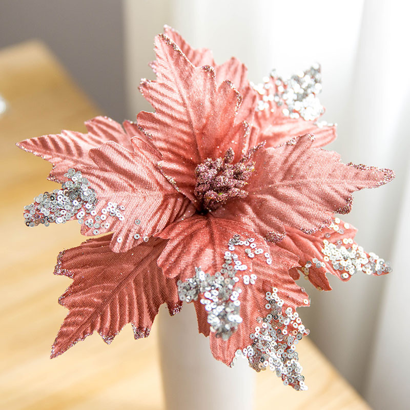 25cm亮片绒布手工圣诞花 金银灰粉白色仿真圣诞花 圣诞树装饰花