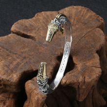 批发S925纯银复古泰银天下太平一见生财黑白无常霸气男士开口手镯