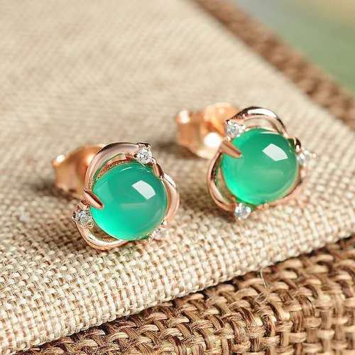 Korean style diamond zircon chrysoprase earrings for women retro green agate flower shaped earrings simple fashionable sweet ear jewelry