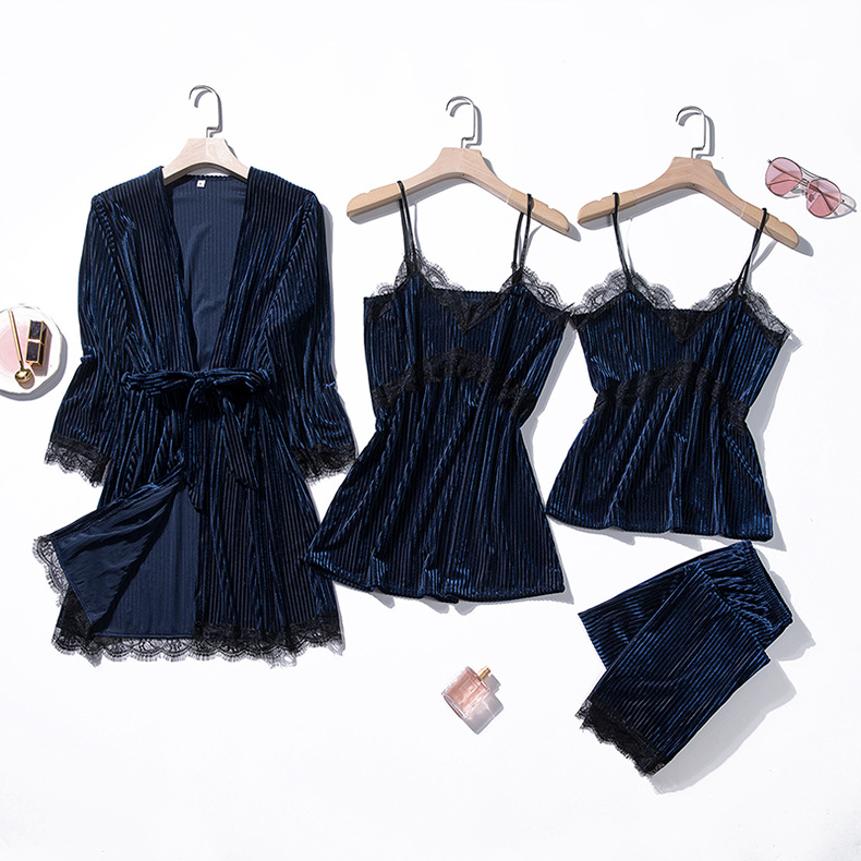 Korean women's Velvet sexy pajamas with suspenders four-piece suit NSMR7793