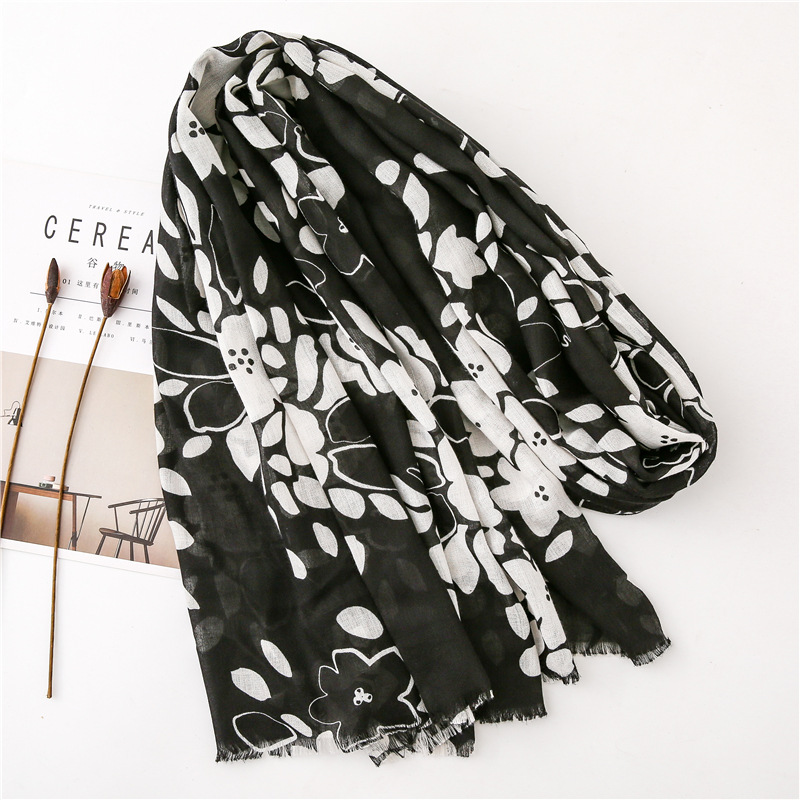 200g Weight Flower Pattern Women'S Gender Sweet Style Black And White Printed Cotton And Linen Scarf Sunscreen Scarf Silk Scarf Long Shawl 4