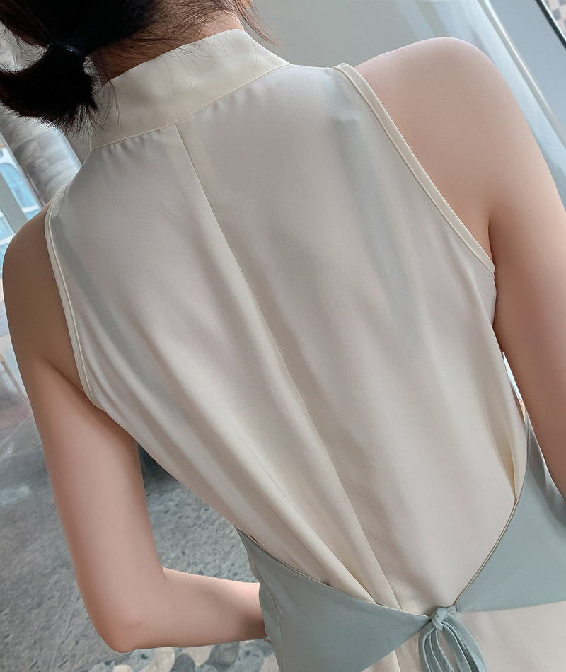 Đầm maxi nữ thắt eo cổ buộc dây xếp ly thanh lịch — Màu xanh lam chi tiết 14
