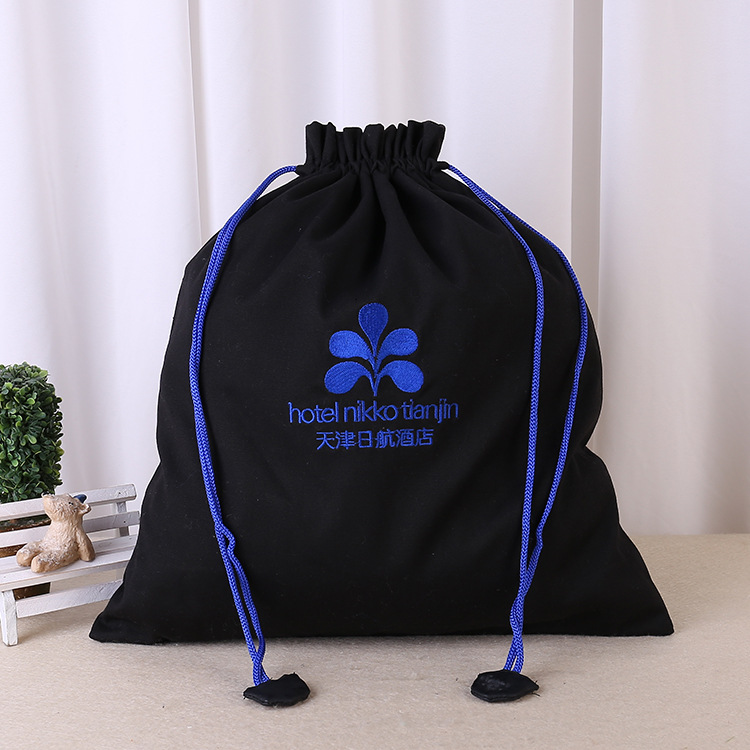 供应黑色束口棉布包拉绳刺绣棉布袋 双拉口绣花帆布袋