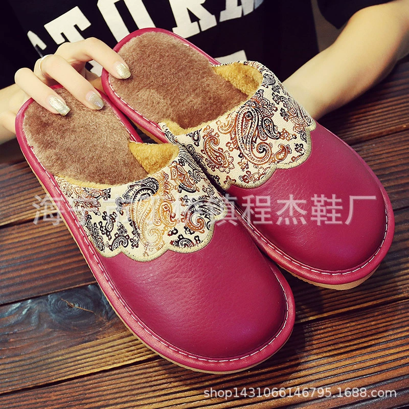Зимние кожаные тапочки теплые домашние мужские и женские тапочки с вышивкой ПВХ твердая подошва Нескользящая