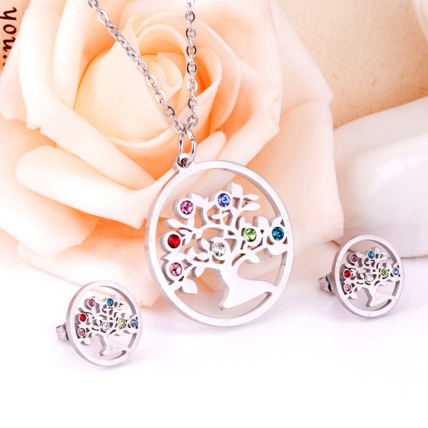 Simple Style Tree Stainless Steel Plating Zircon Earrings Necklace 1 Set display picture 7