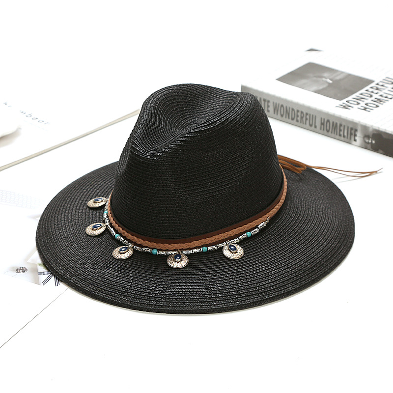 Viaje de verano nuevo sombrero de paja de protección solar de playa estilo coreano todo fósforo estilo étnico sombrero de ala grande Jazz femenino