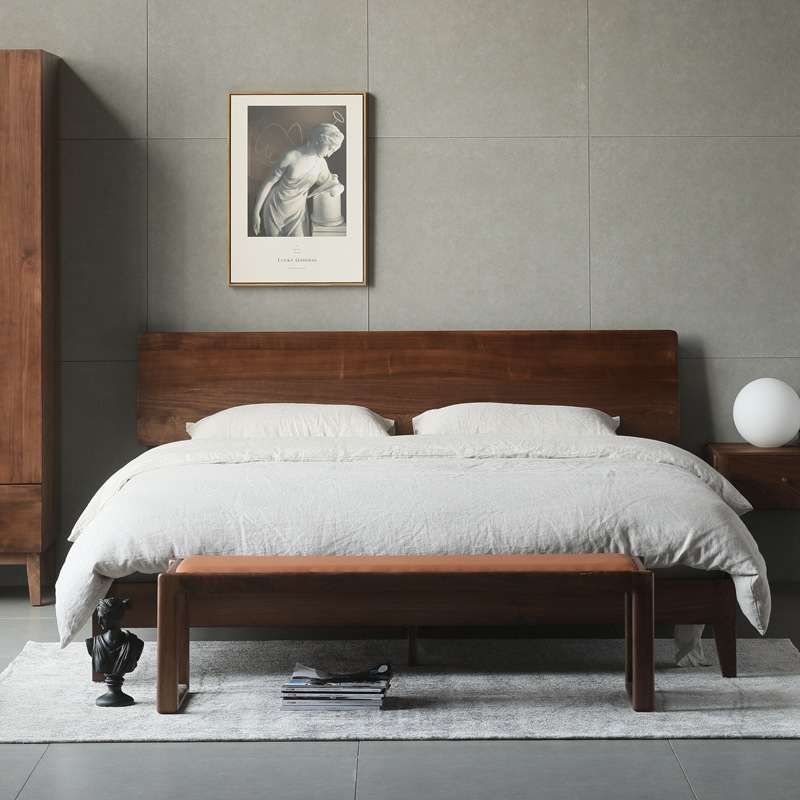 北欧实木床1.8米双人床现代简约日式床北美黑胡桃木全屋定制家具