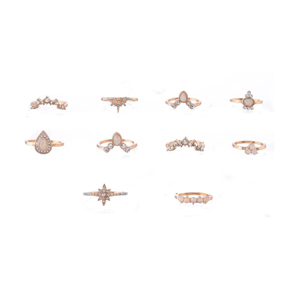 Ethnic Retro Drop-Shaped Ring Set, Alloy with Diamond Accents, Gold, Sizes 1.6 & 1.8 cm