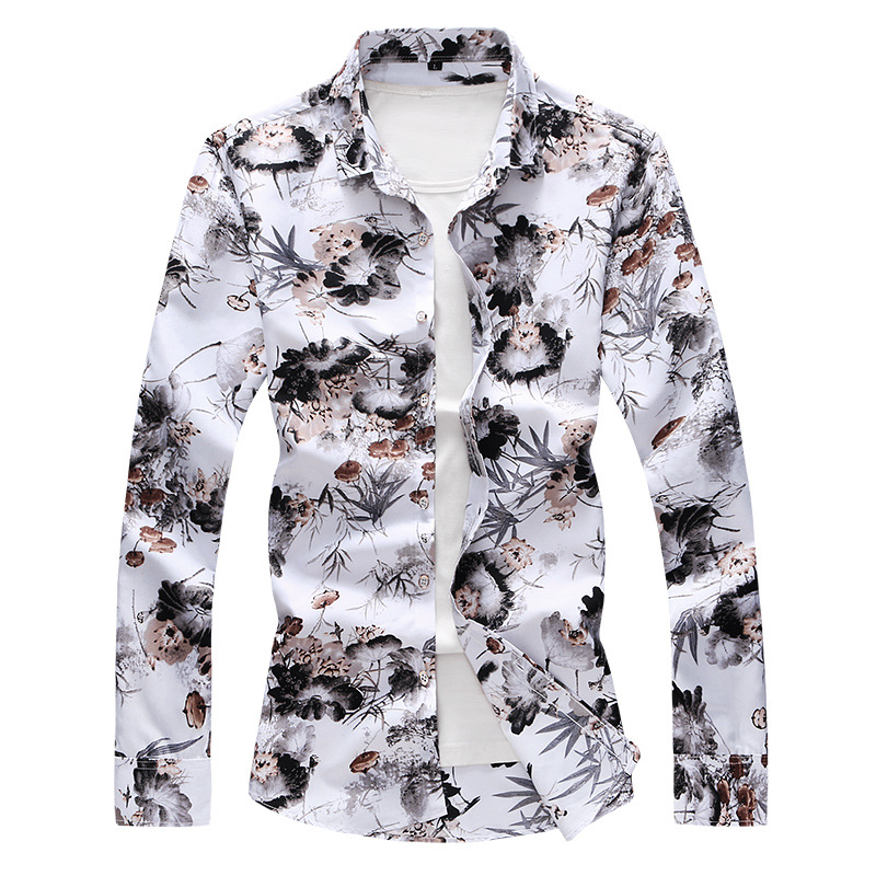 Autumn New Large Size Men's Printed Long-sleeved Shirt Men's Slim-fit British Style Point Collar Long-sleeved Shirt