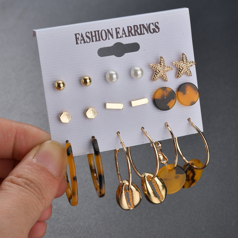 New Fashion Retro Simple Metal Acetate Shell 9 Pairs Earring Set Yiwu Nihaojewelry Wholesale display picture 2
