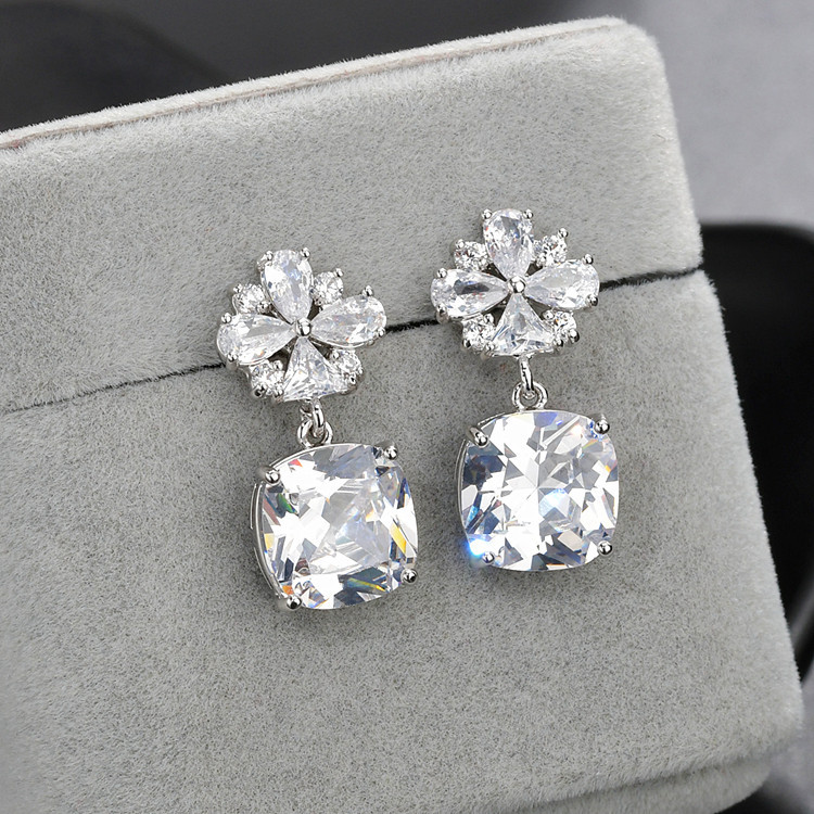 Korean earrings zircon inlaid flower earrings large square pendant earringspicture5
