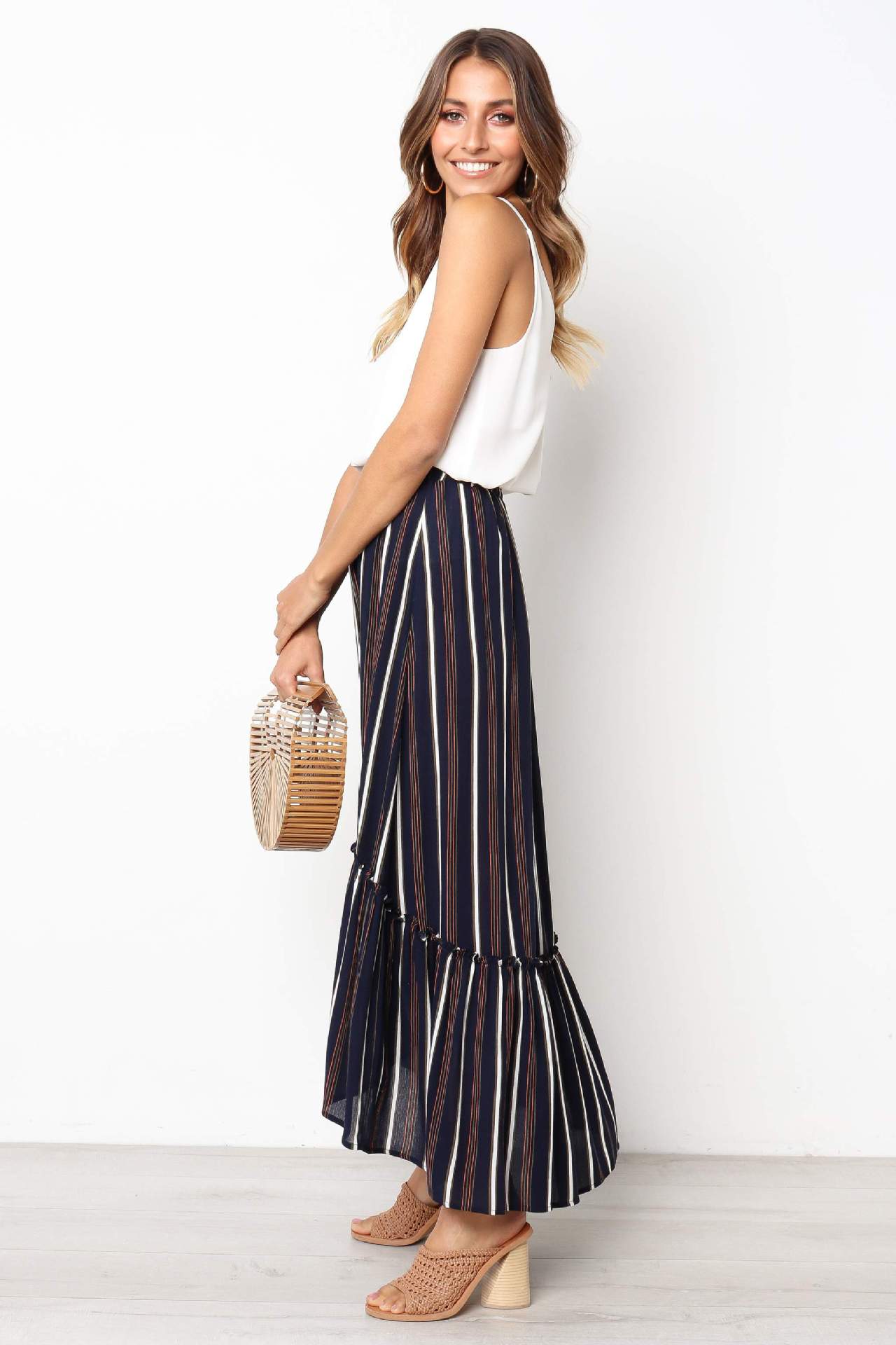 color stripe printed pleated dovetail skirt NSYD34928