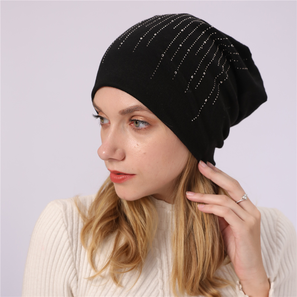 M965 nouveau automne/hiver Couple pull Double couche Imitation cachemire chaud diamant coton tissu chaud clair de lune chapeau_voghion.com