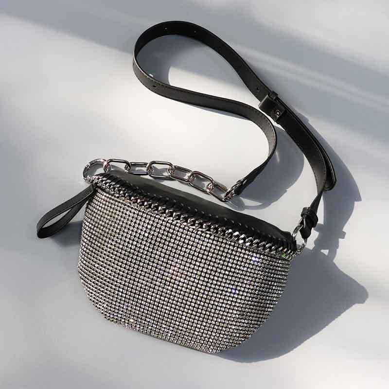 包包女2019新款水钻腰包斜挎包网红镶钻胸包真皮女包斜跨胸前包潮