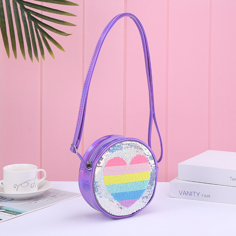 Moda nueva tendencia PU radium un hombro crossbody pieza corazón arco iris sirena unicornio lentejuelas niña detail image 4