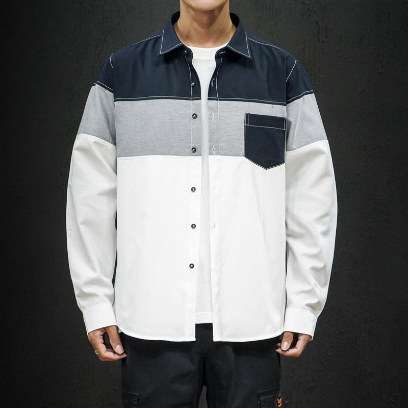 Foreign Trade Spring New Men's Shirt Stitching Casual Long-sleeved Men's Slim-fit Pointed Collar Large Size Shirt