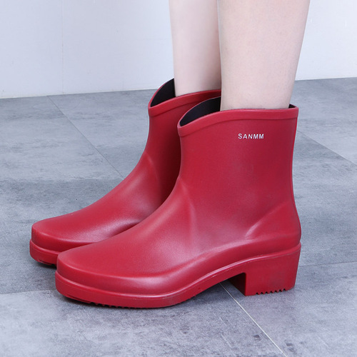 Cross-border fashion short-tube high-heeled rain boots for women, adult PVC rain boots, waterproof rubber shoes, non-slip work Martin water boots