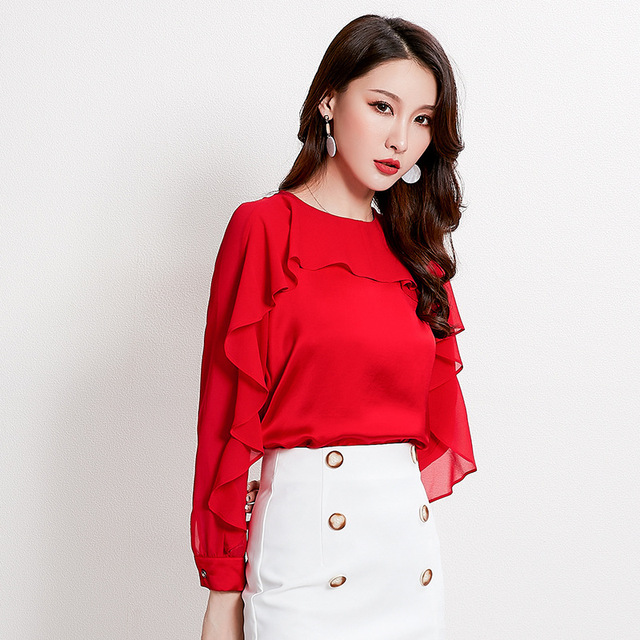 Long-sleeved blouse new round collar and lotus leaf edge autumn 