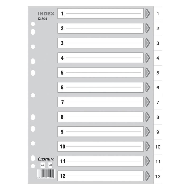 齐心IX894分类纸隔页纸塑料年度索引纸A4数字1-12页11孔分页纸批