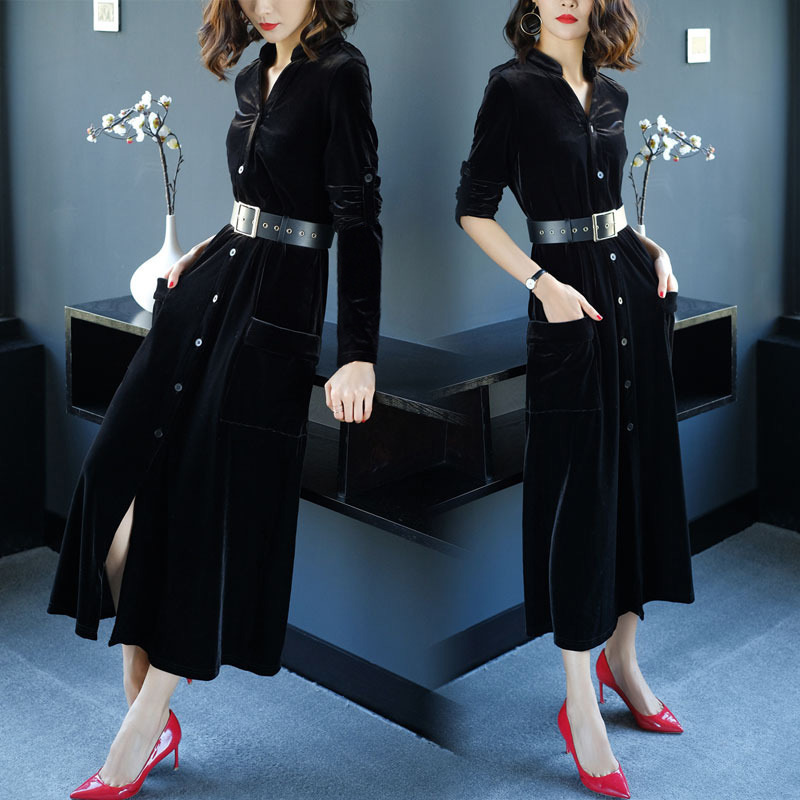 高端2021春季高个子气质女装单排扣V领垂感金丝绒连衣裙 工厂批发