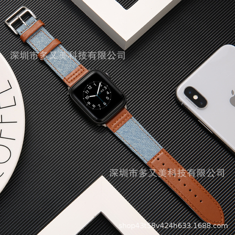 Suitable for Apple 8 Watch Genuine Leather Strap Applewatch7 Denim Canvas Plus Leather Manufacturer Trendy
